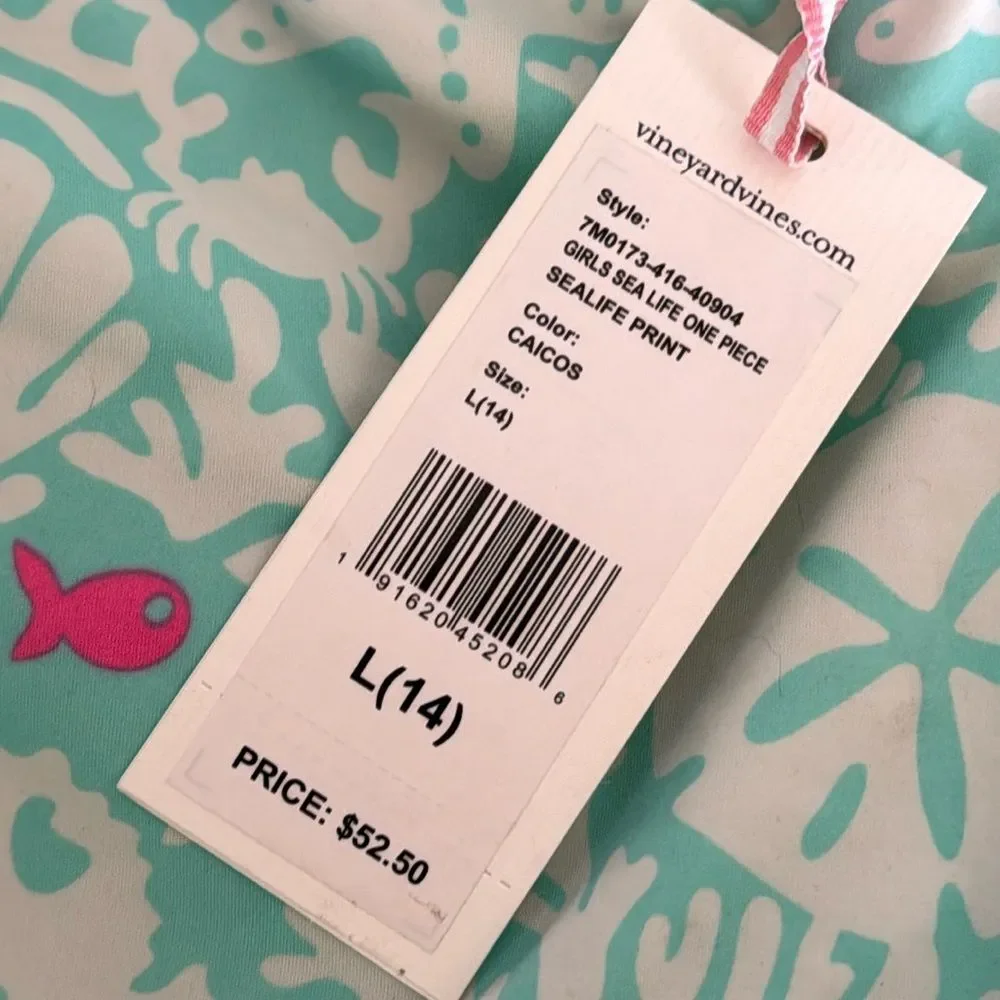 Vineyard Vines One Piece Bathing Suit Sealife Print Sz Large (14) NWT
